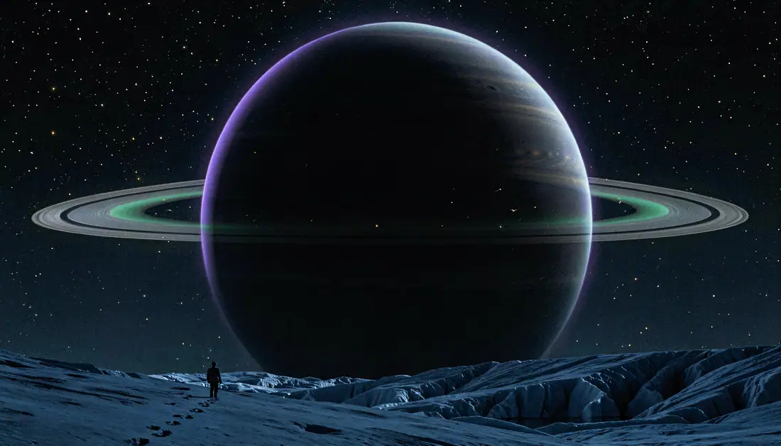 Ringed giant over an ice plain