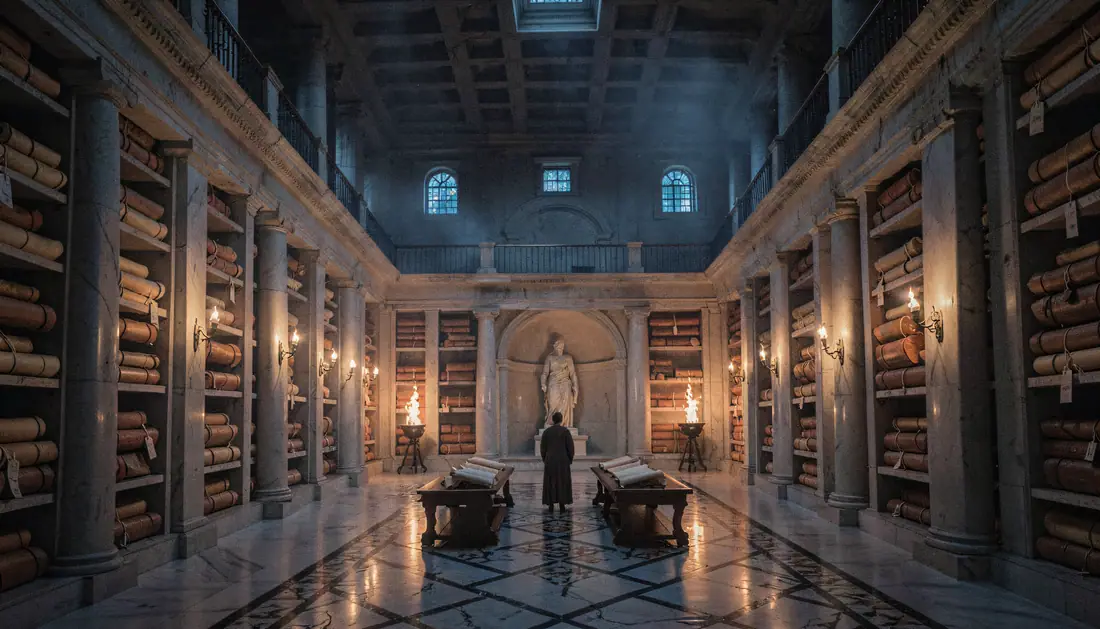 The Reading Room — a vast marble library at night